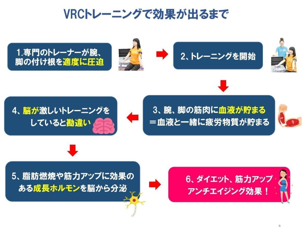 VRトレーニングの効果を示すフローチャート。専門トレーナーによる指導からトレーニング開始、筋肉への血流、脳のトレーニング効果、ホルモン分泌、ダイエットと筋力アップへのつながりを説明。